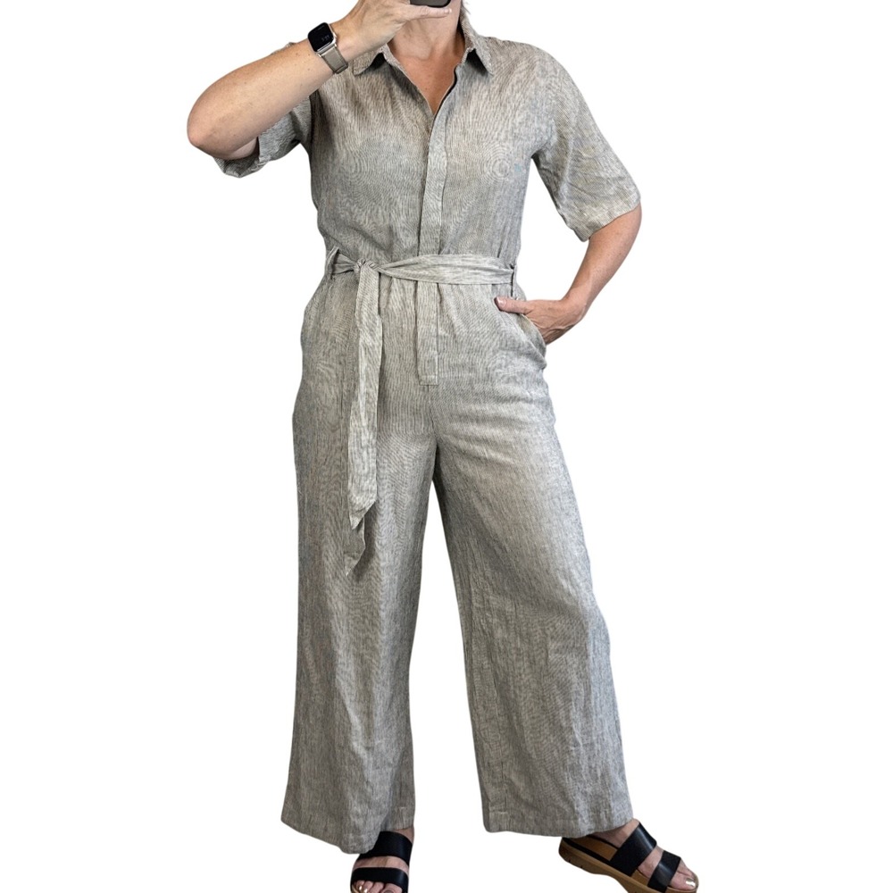 Z Supply Helena Wide Leg Jumpsuit Size S Black White‎ Pinstripe Linen Pockets
